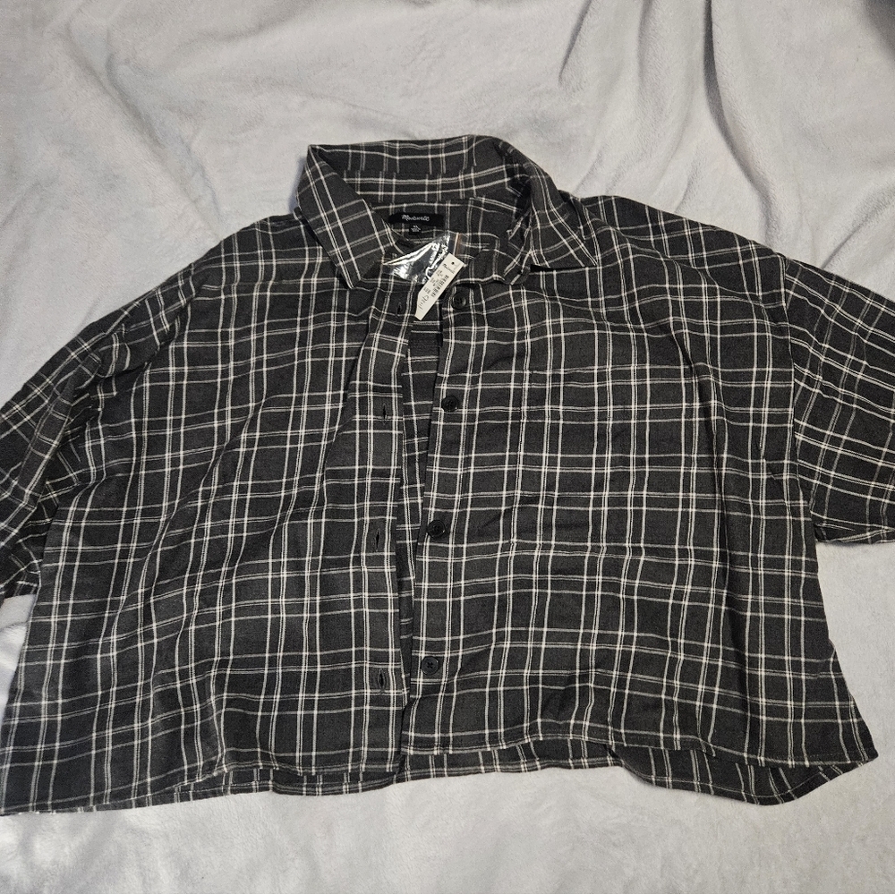 NWT Madewell Gray Cropped Quarter Sleeve Plaid Top